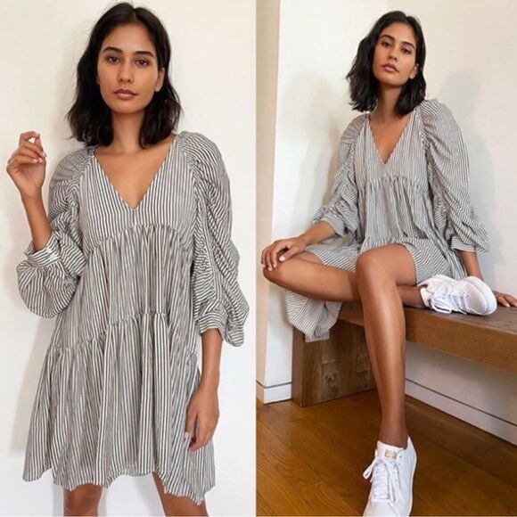 Frame Shirred Babydoll Stripped Dress - Picture 1 of 15